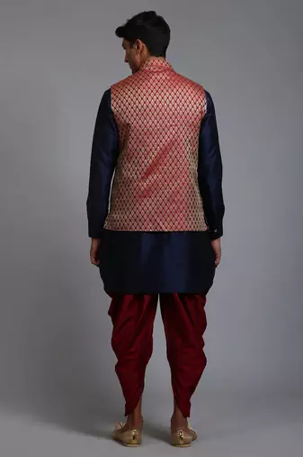 Maroon And Navy Blue Silk Blend Jacket, Kurta And Dhoti Set