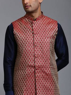Maroon And Navy Blue Silk Blend Jacket, Kurta And Dhoti Set 4