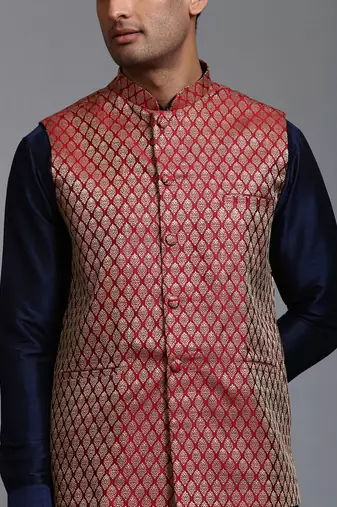Maroon And Navy Blue Silk Blend Jacket, Kurta And Dhoti Set