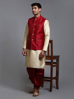  maroon and gold silk blend jacket, kurta and dhoti set 1
