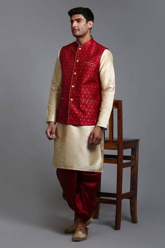  men's maroon and gold silk blend jacket, kurta and dhoti set
