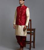  maroon and gold silk blend jacket, kurta and dhoti set