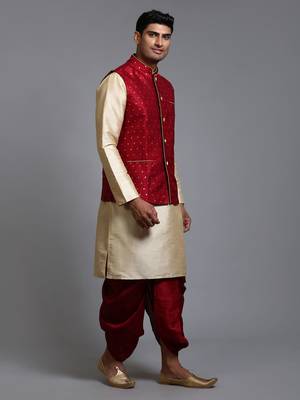  maroon and gold silk blend jacket, kurta and dhoti set 2