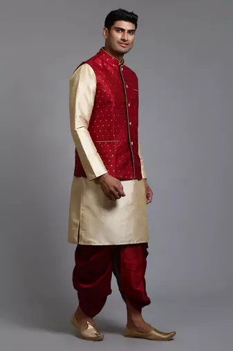  maroon and gold silk blend jacket, kurta and dhoti set
