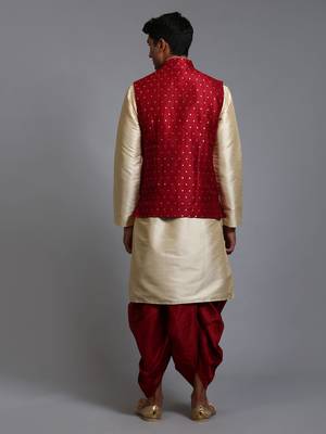  maroon and gold silk blend jacket, kurta and dhoti set 3