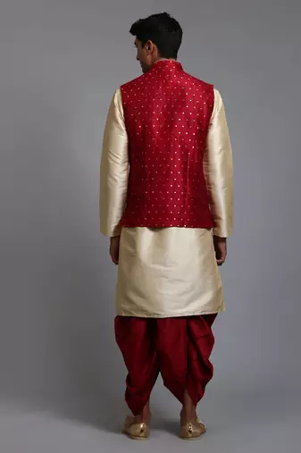  maroon and gold silk blend jacket, kurta and dhoti set