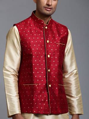  maroon and gold silk blend jacket, kurta and dhoti set 4