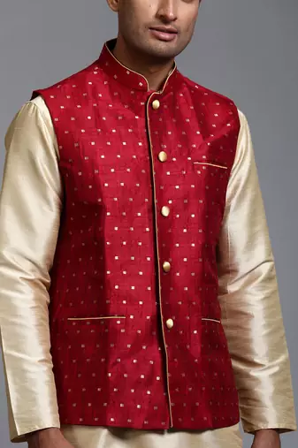  maroon and gold silk blend jacket, kurta and dhoti set