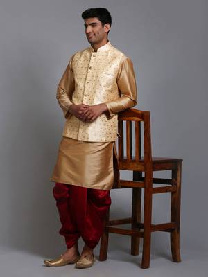  gold, maroon and rose gold silk blend jacket, kurta and dhoti set 1