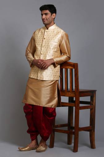  men's gold, maroon and rose gold silk blend jacket, kurta and dhoti set