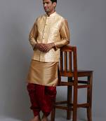  gold, maroon and rose gold silk blend jacket, kurta and dhoti set