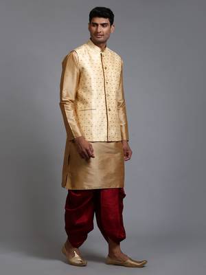  gold, maroon and rose gold silk blend jacket, kurta and dhoti set 2