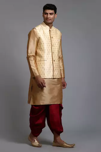  gold, maroon and rose gold silk blend jacket, kurta and dhoti set