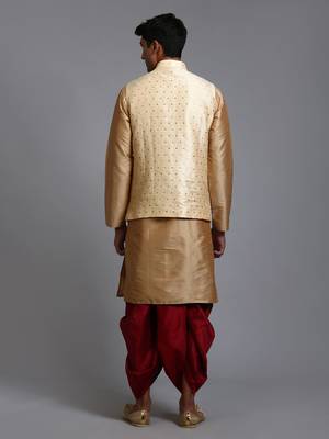  gold, maroon and rose gold silk blend jacket, kurta and dhoti set 3