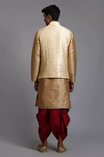  gold, maroon and rose gold silk blend jacket, kurta and dhoti set