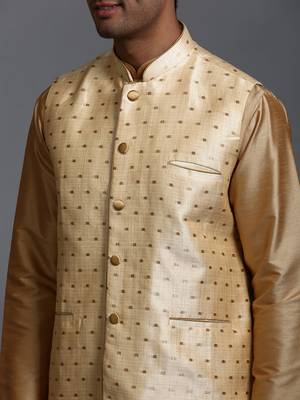  gold, maroon and rose gold silk blend jacket, kurta and dhoti set 4