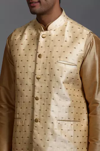  gold, maroon and rose gold silk blend jacket, kurta and dhoti set