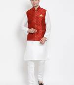 White Silk Blend Jacket, Kurta And Pyjama Set
