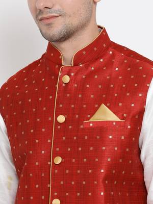 White Silk Blend Jacket, Kurta And Pyjama Set 3