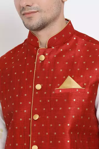 White Silk Blend Jacket, Kurta And Pyjama Set