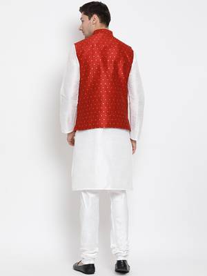 White Silk Blend Jacket, Kurta And Pyjama Set 4