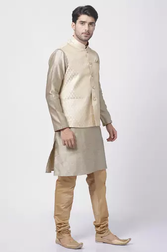 Men'S Beige Silk Blend Jacket, Kurta And Pyjama Set