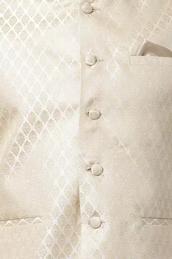 Men'S Beige Silk Blend Jacket, Kurta And Pyjama Set