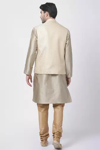 Men'S Beige Silk Blend Jacket, Kurta And Pyjama Set