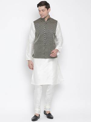 White Silk Blend Jacket, Kurta And Pyjama Set 1