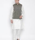White Silk Blend Jacket, Kurta And Pyjama Set