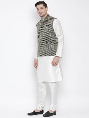 White Silk Blend Jacket, Kurta And Pyjama Set 2