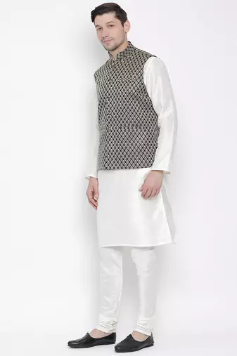 White Silk Blend Jacket, Kurta And Pyjama Set