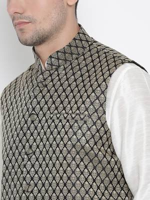 White Silk Blend Jacket, Kurta And Pyjama Set 3
