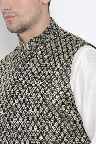 White Silk Blend Jacket, Kurta And Pyjama Set