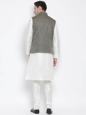 White Silk Blend Jacket, Kurta And Pyjama Set 4