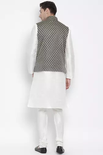 White Silk Blend Jacket, Kurta And Pyjama Set