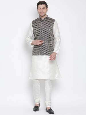 White Silk Blend Jacket, Kurta And Pyjama Set 1