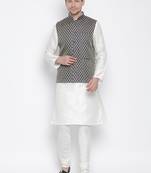 White Silk Blend Jacket, Kurta And Pyjama Set