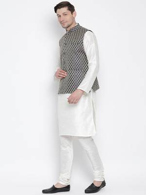 White Silk Blend Jacket, Kurta And Pyjama Set 2