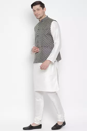 White Silk Blend Jacket, Kurta And Pyjama Set