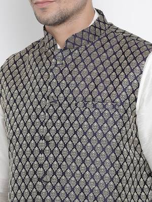 White Silk Blend Jacket, Kurta And Pyjama Set 3