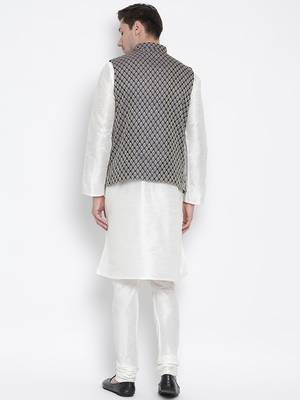 White Silk Blend Jacket, Kurta And Pyjama Set 4