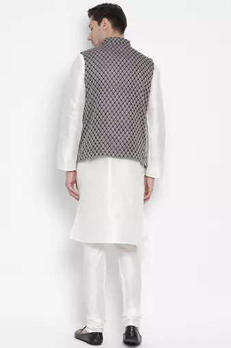 White Silk Blend Jacket, Kurta And Pyjama Set