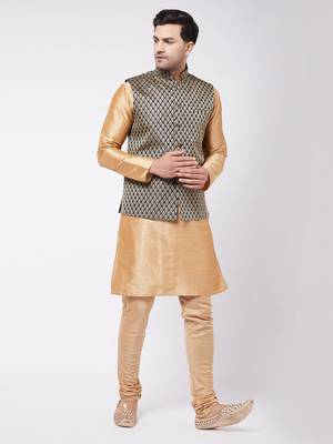 Rose Gold Silk Blend Jacket, Kurta And Pyjama Set 1