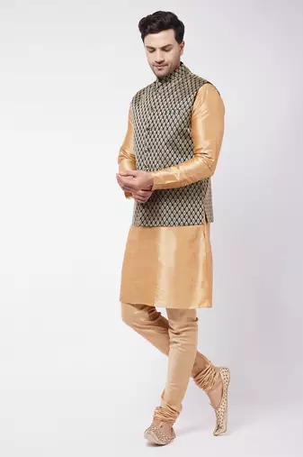 Rose Gold Silk Blend Jacket, Kurta And Pyjama Set