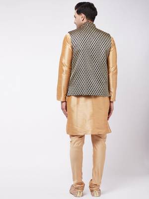 Rose Gold Silk Blend Jacket, Kurta And Pyjama Set 3