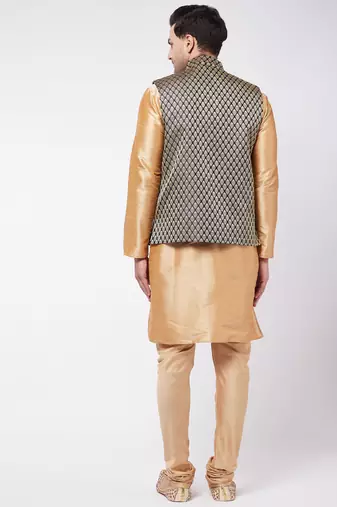 Rose Gold Silk Blend Jacket, Kurta And Pyjama Set