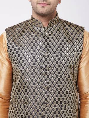 Rose Gold Silk Blend Jacket, Kurta And Pyjama Set 4