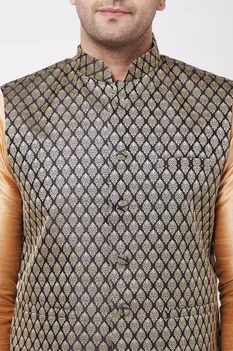 Rose Gold Silk Blend Jacket, Kurta And Pyjama Set