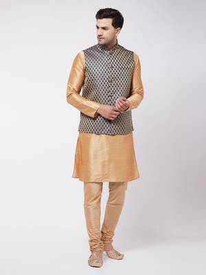 Rose Gold Silk Blend Jacket, Kurta And Pyjama Set 1